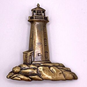 Vintage JJ Signed Brass Lighthouse Pin Brooch